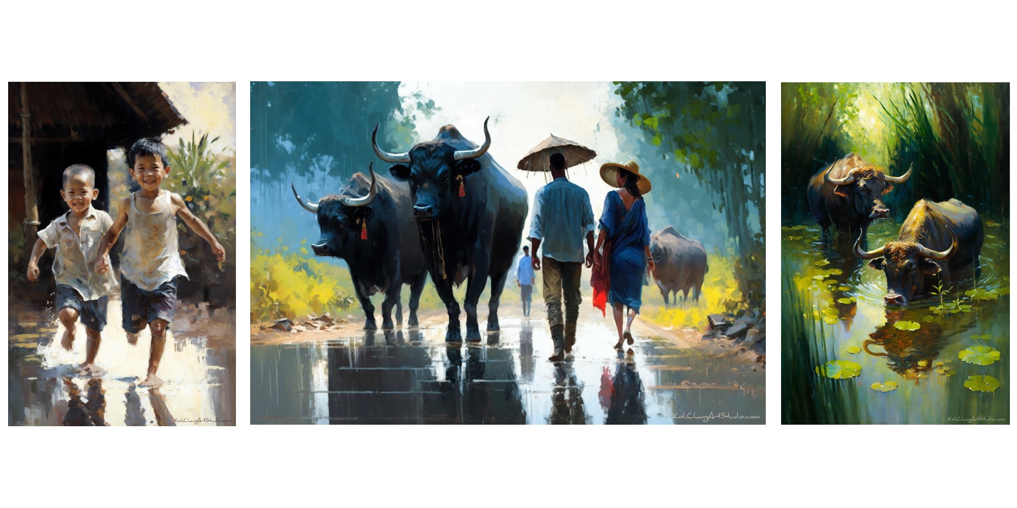 RAINY RENDEZ-VOUS Artistic Design - Love navigating rain-kissed paths, youthful spirits, and buffaloes among water lilies.
