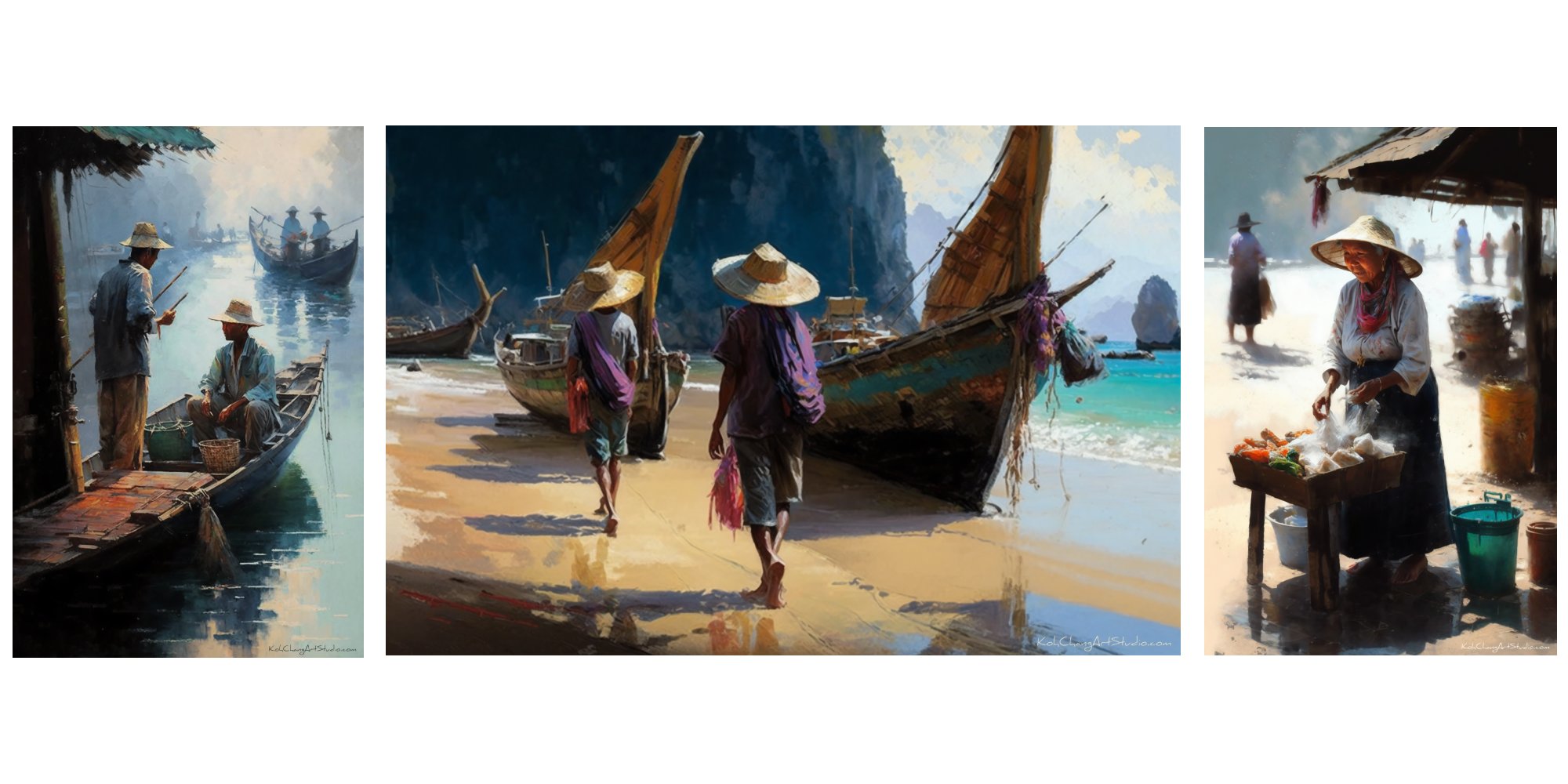 TALES OF TIDES Artistic Design - Fishermen on sandy shores, boats awaiting tide’s return