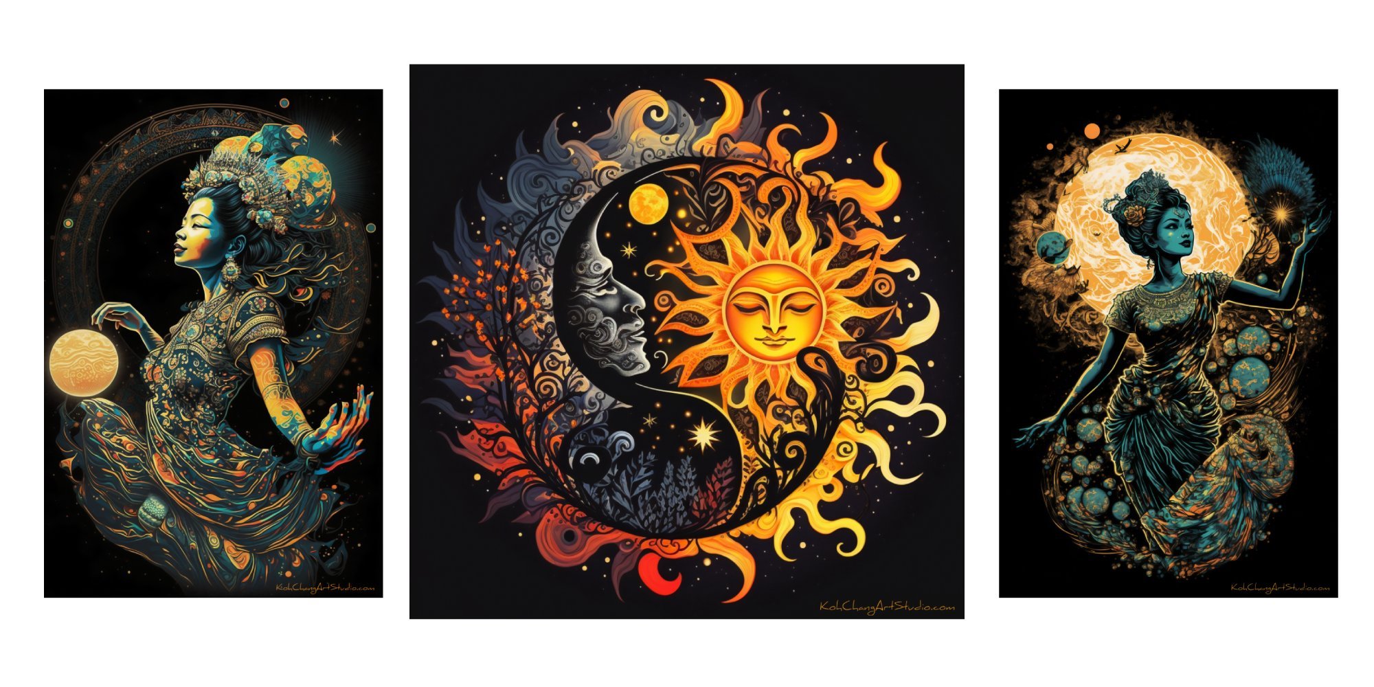 EQUINOX Design - Dancers under the moon, sun and moon duality, reflecting the universe's choreography.