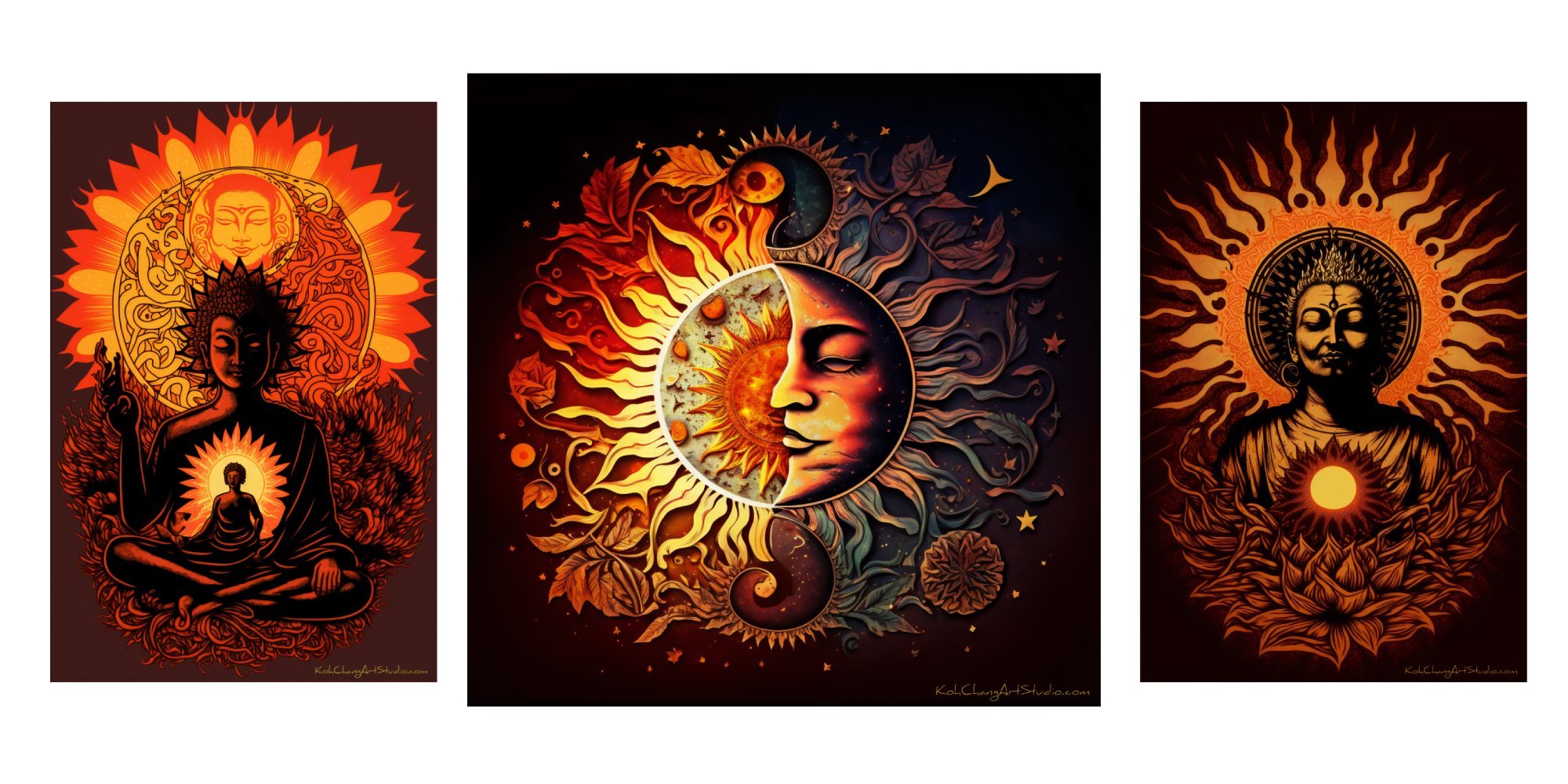 ELYSIUM Design - Sun's transition, twin Buddhas meditating, and a vision of paradise.