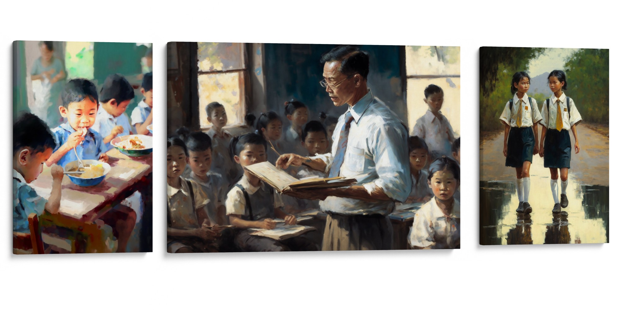 SCHOOLYARD LANE Canvas Set - Exclusive triptych capturing Thai schoolyard tales, perfect for art enthusiasts.