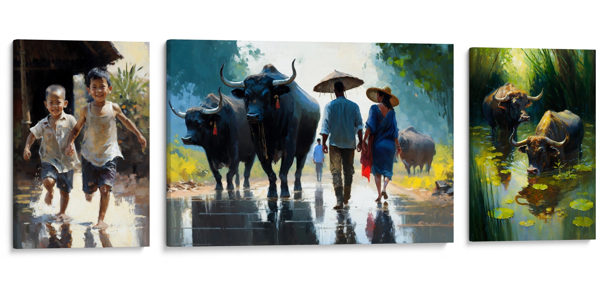 RAINY RENDEZ-VOUS Canvas Collection - Siam's monsoon moments in a three-piece set, exclusively at Koh Chang Art Studio.