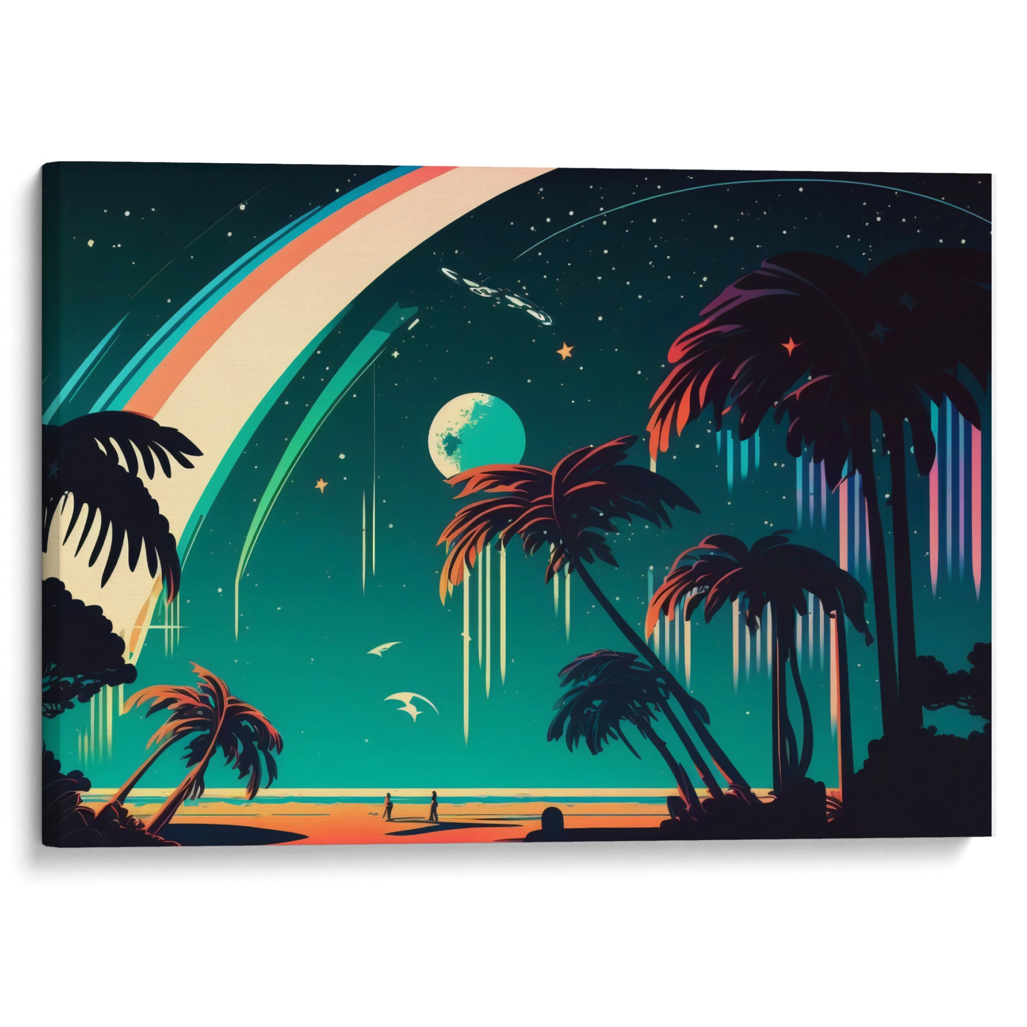 GALAXY GARDEN Exclusive Canvas - Starlit beach with glowing palms, a centerpiece for art enthusiasts.
