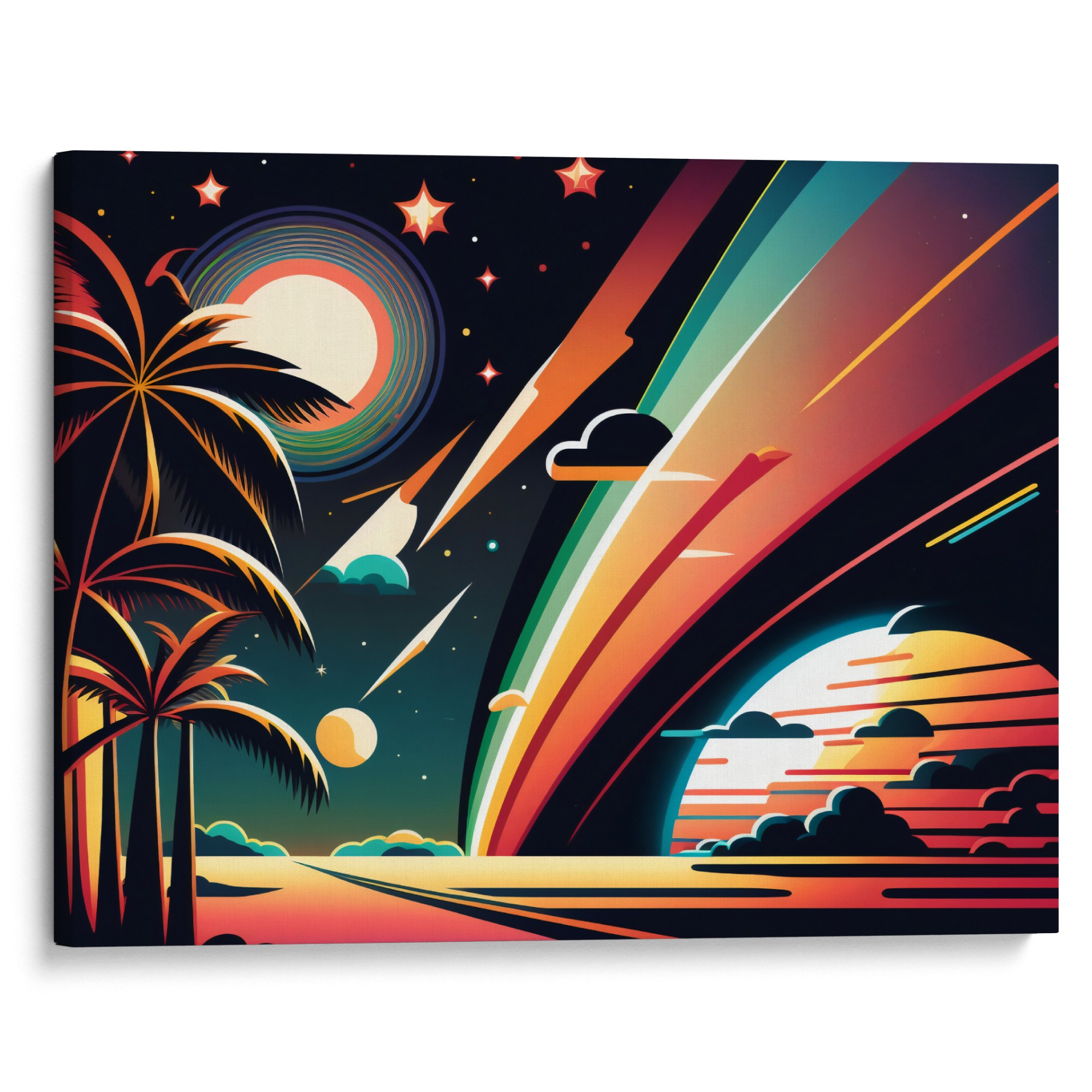 MIDNIGHT MIRAGE Canvas - A blend of sunset, full moon, and cosmic trails in a unique artwork.