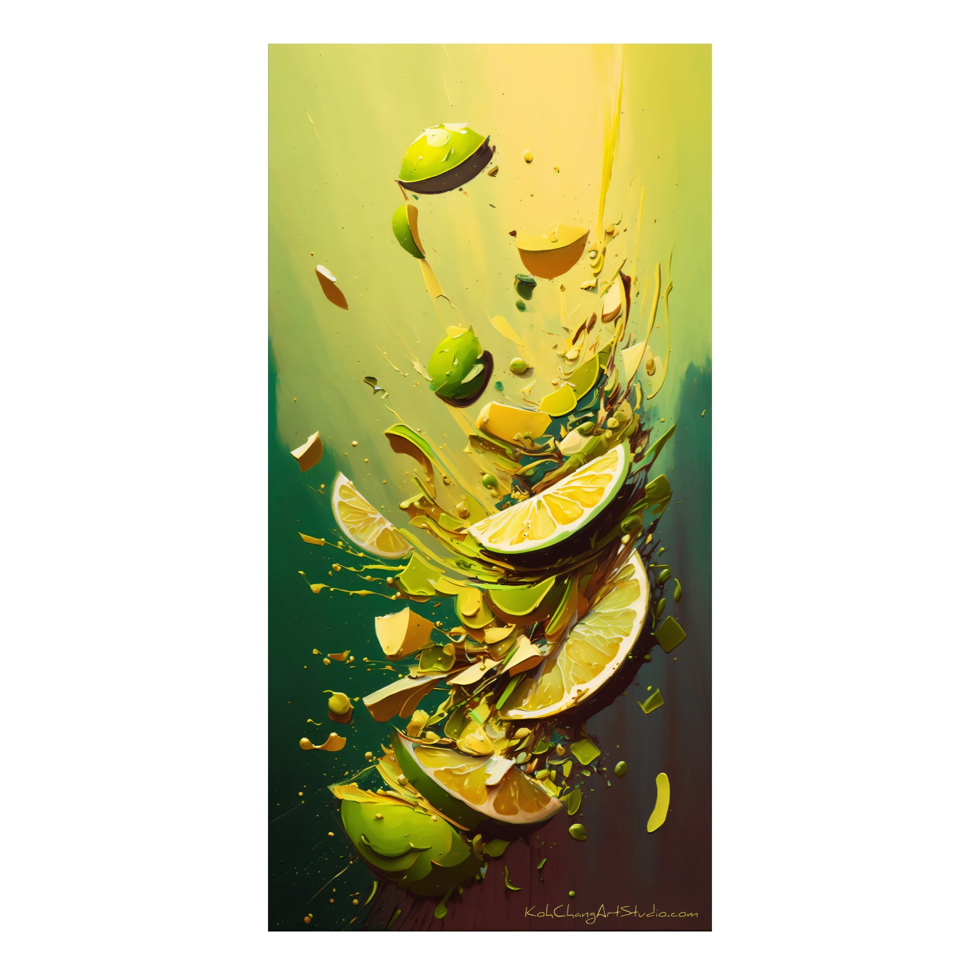 CITRUS SPLASH Design - Vibrant limes and lemons mid-splash, embodying summer's tangy essence.