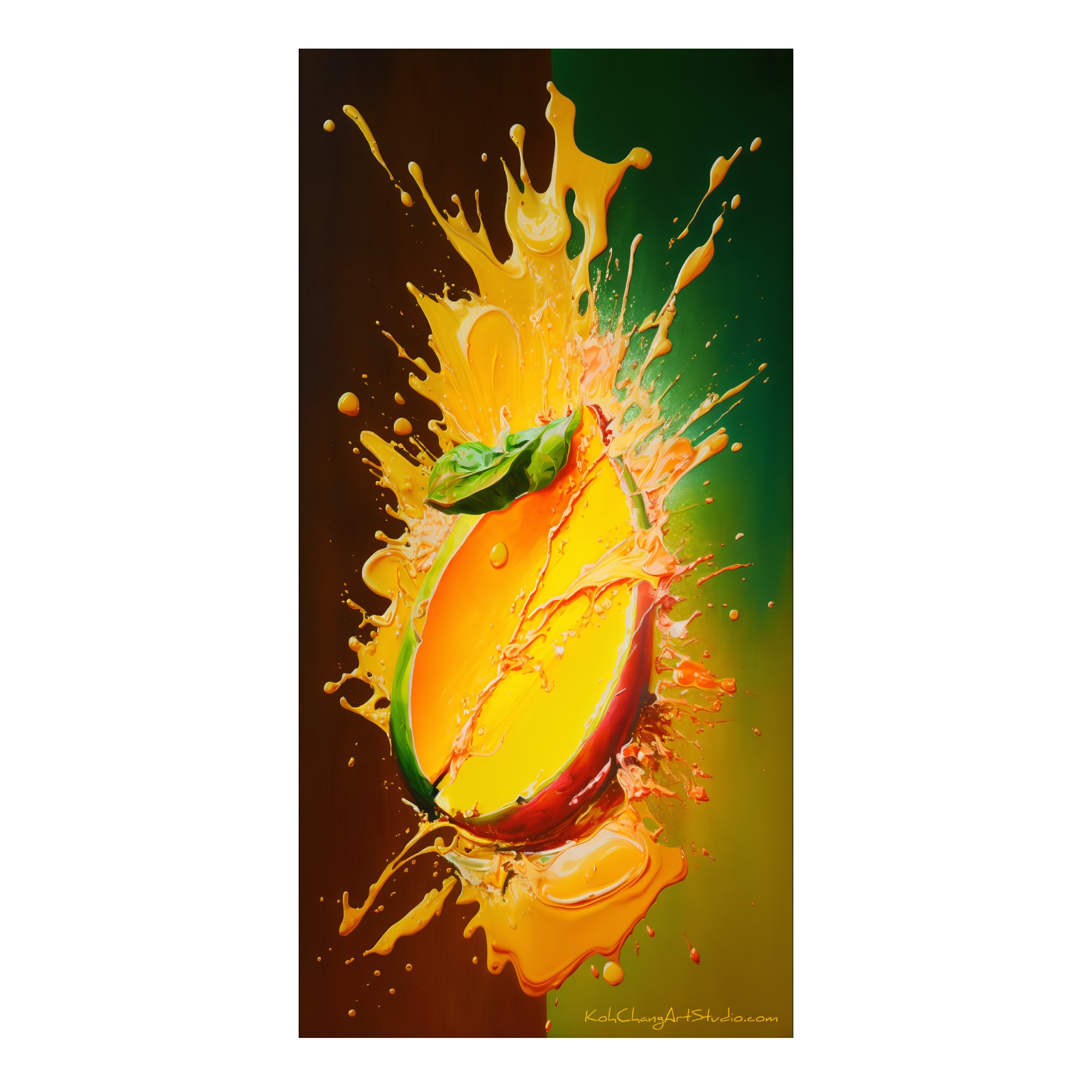 MANGO MAGIC Design - Vibrant mango surrounded by its juice, capturing the essence of tropical sweetness.