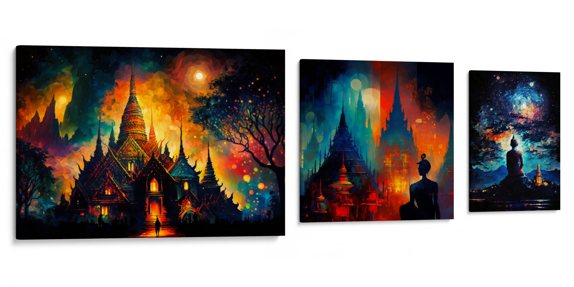SERENE STRUCTURES Canvas Trio - Moonlit temples standing tall, exclusively from Koh Chang Art Studio.