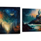 ETHEREAL DEVOTION Canvas Collection - Buddhas and fortresses blending with night, a Koh Chang Art Studio exclusive.