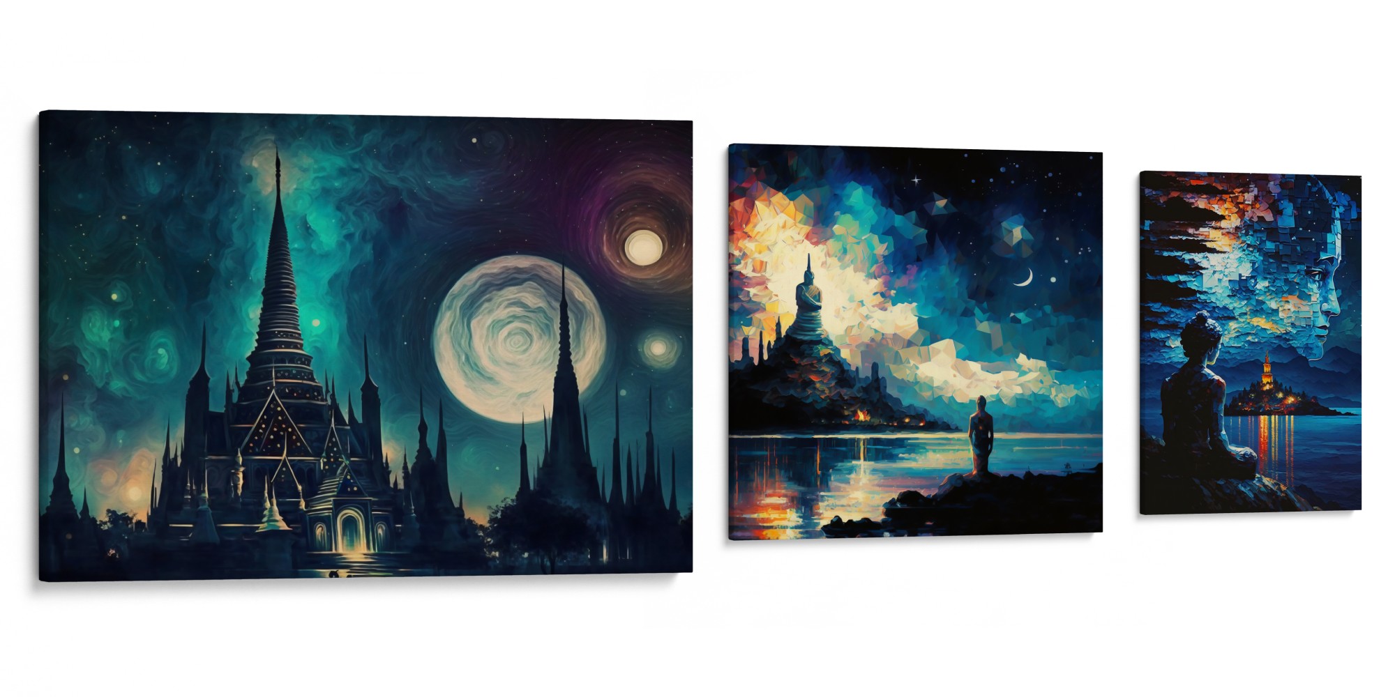 NOBLE NIGHT Canvas Set - Ancient edifices and Buddhas under starry skies, limited edition from Koh Chang Art Studio.
