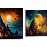 MOONLIT MAJESTY Canvas Bundle - Dominant moon over pagodas, available only at Koh Chang Art Studio.