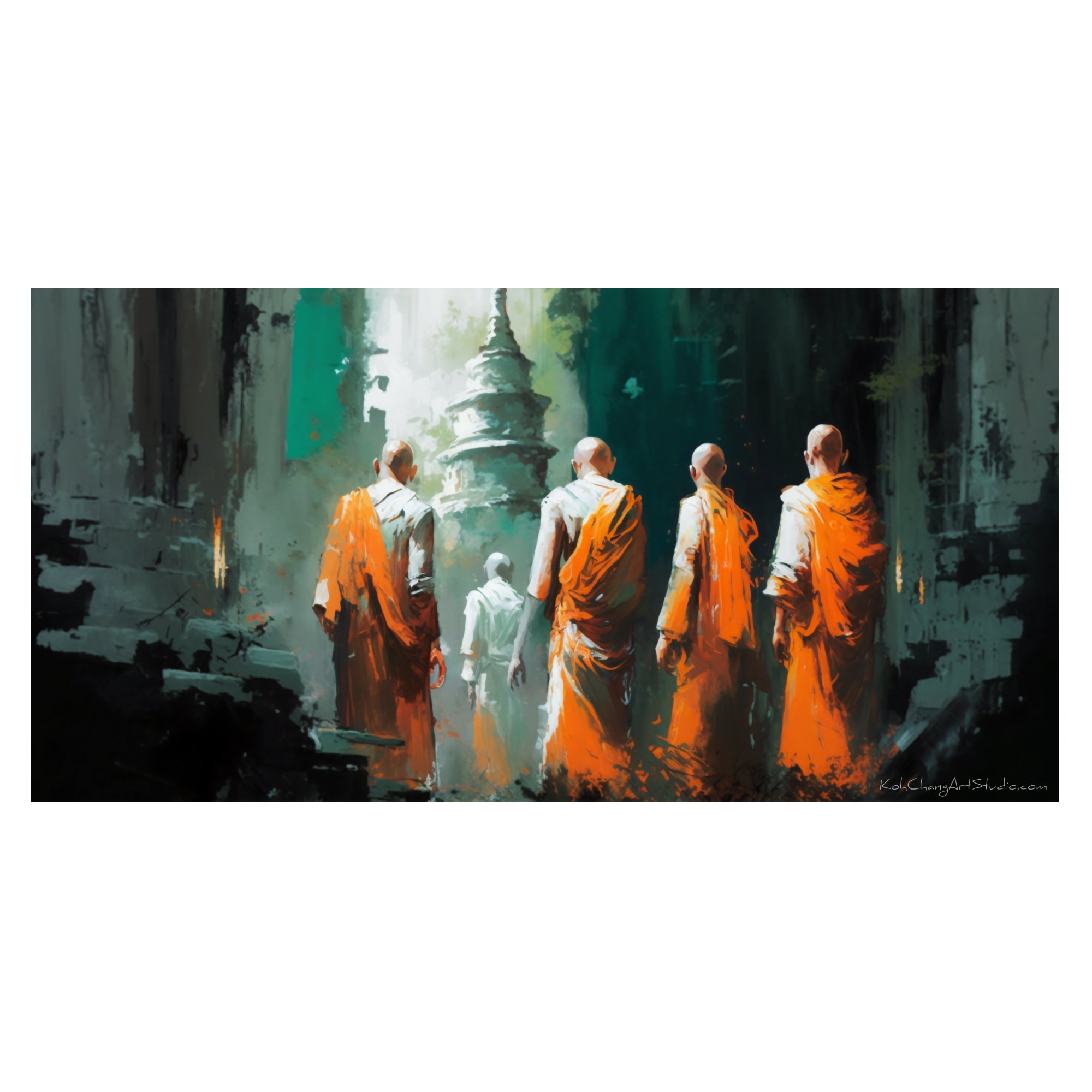 QUIET QUEST Depiction - Monks' pilgrimage towards a pagoda, symbolizing inner exploration.