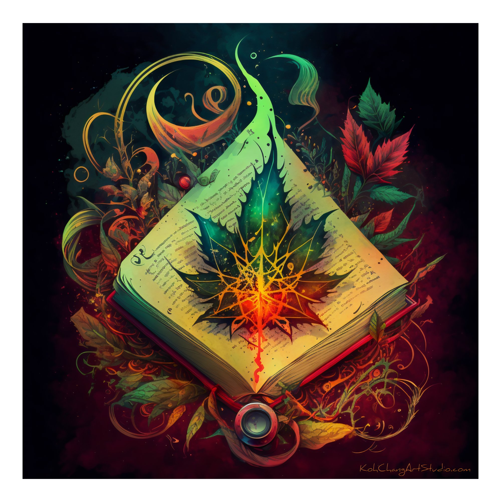 ALCHEMY Artistic Creation - Dragon entwined with a leaf, bearing a riddle of an herb with power and mystery.