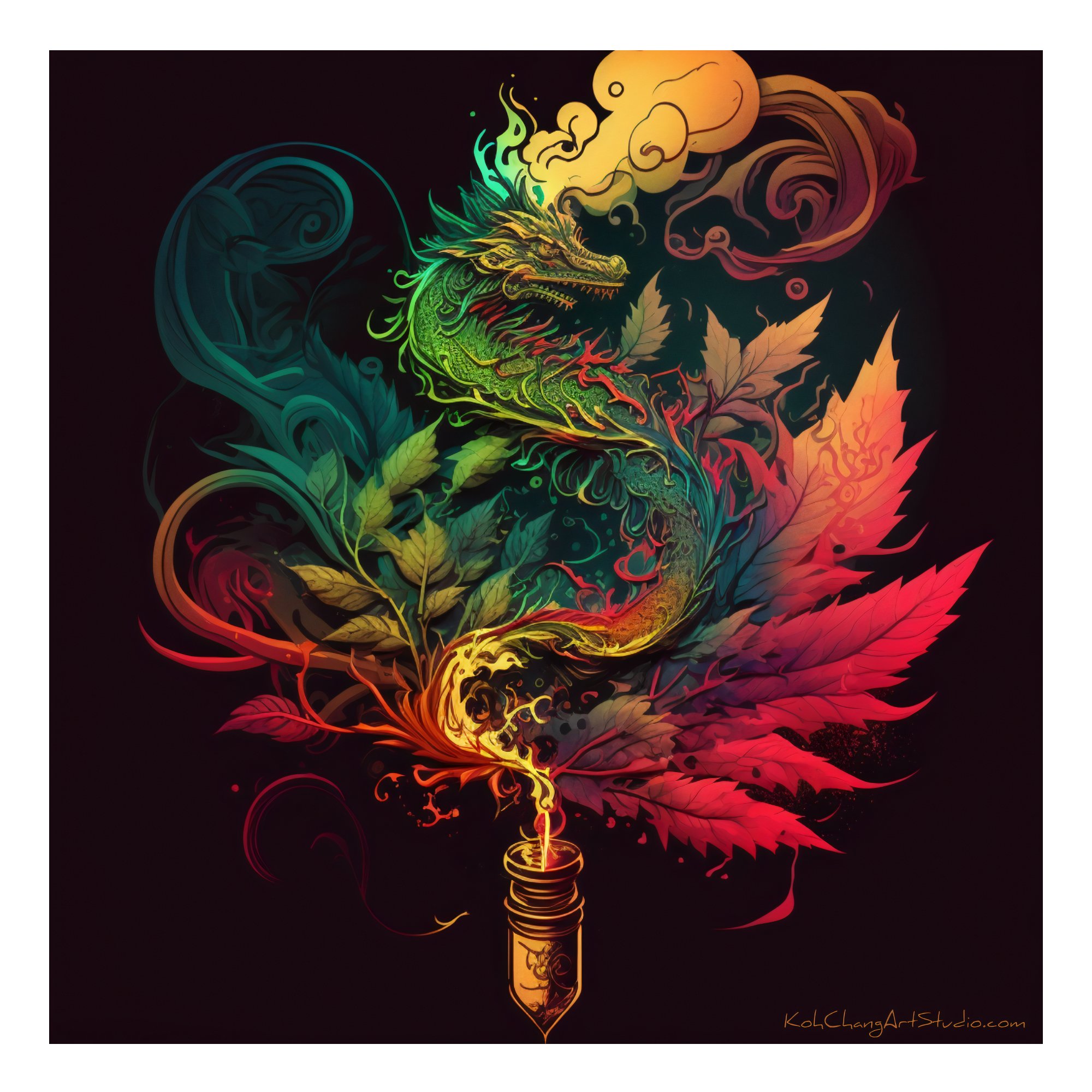 CHASE THE DRAGON Artistic Image - Dragon drenched in hues, whispering tales and secrets of the herb.