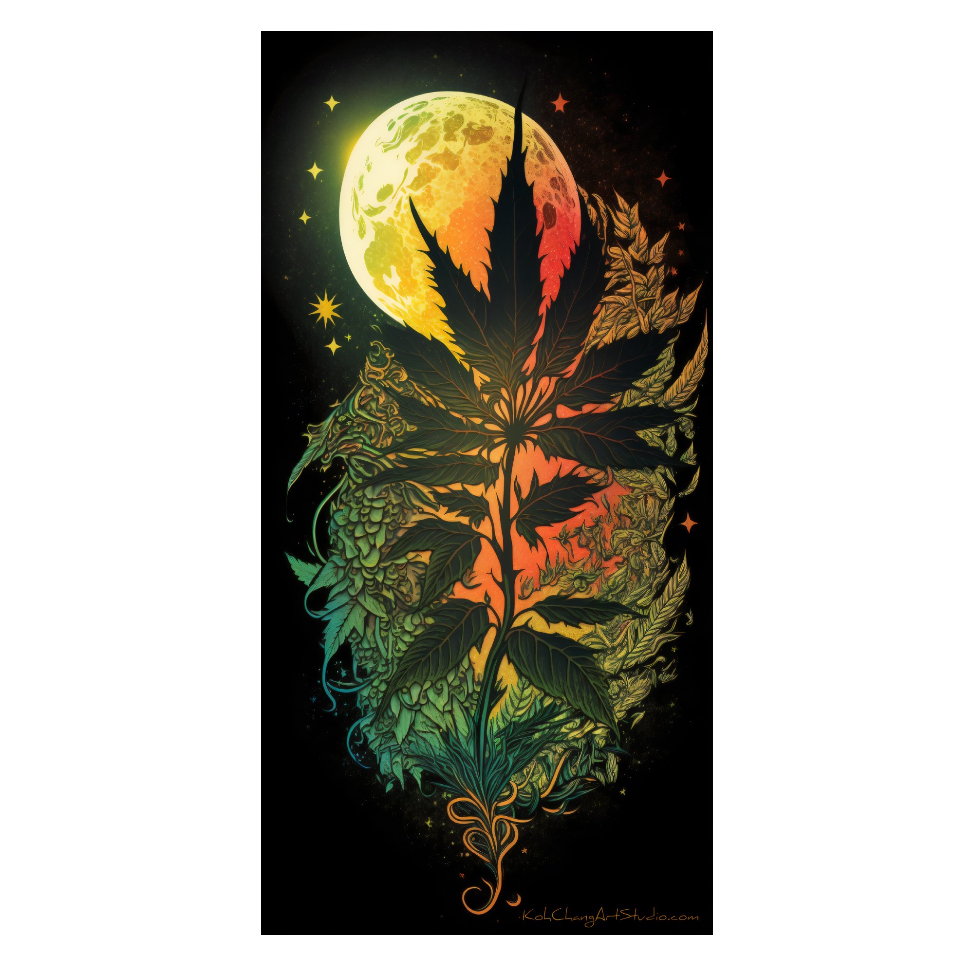GREENLIT MOON Artistic Design - Moon and leaf in radiant splendor, symbolizing the balance between cosmos and nature.