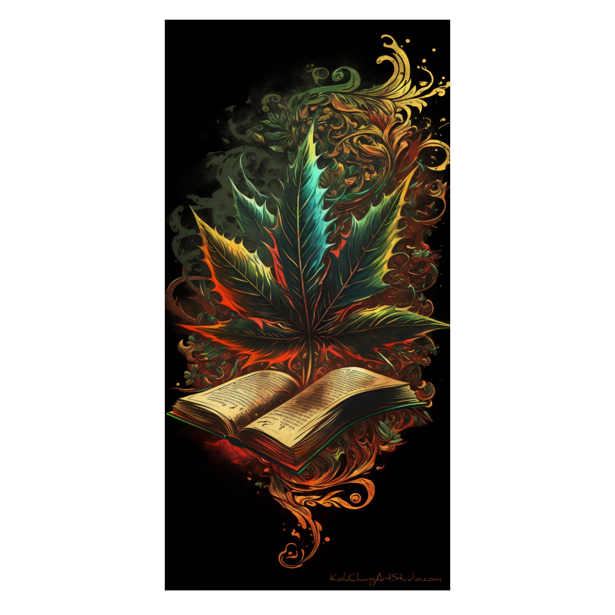 ALMANACH Art Illustration - A leaf steeped in tales, representing the wisdom and stories of the earth.