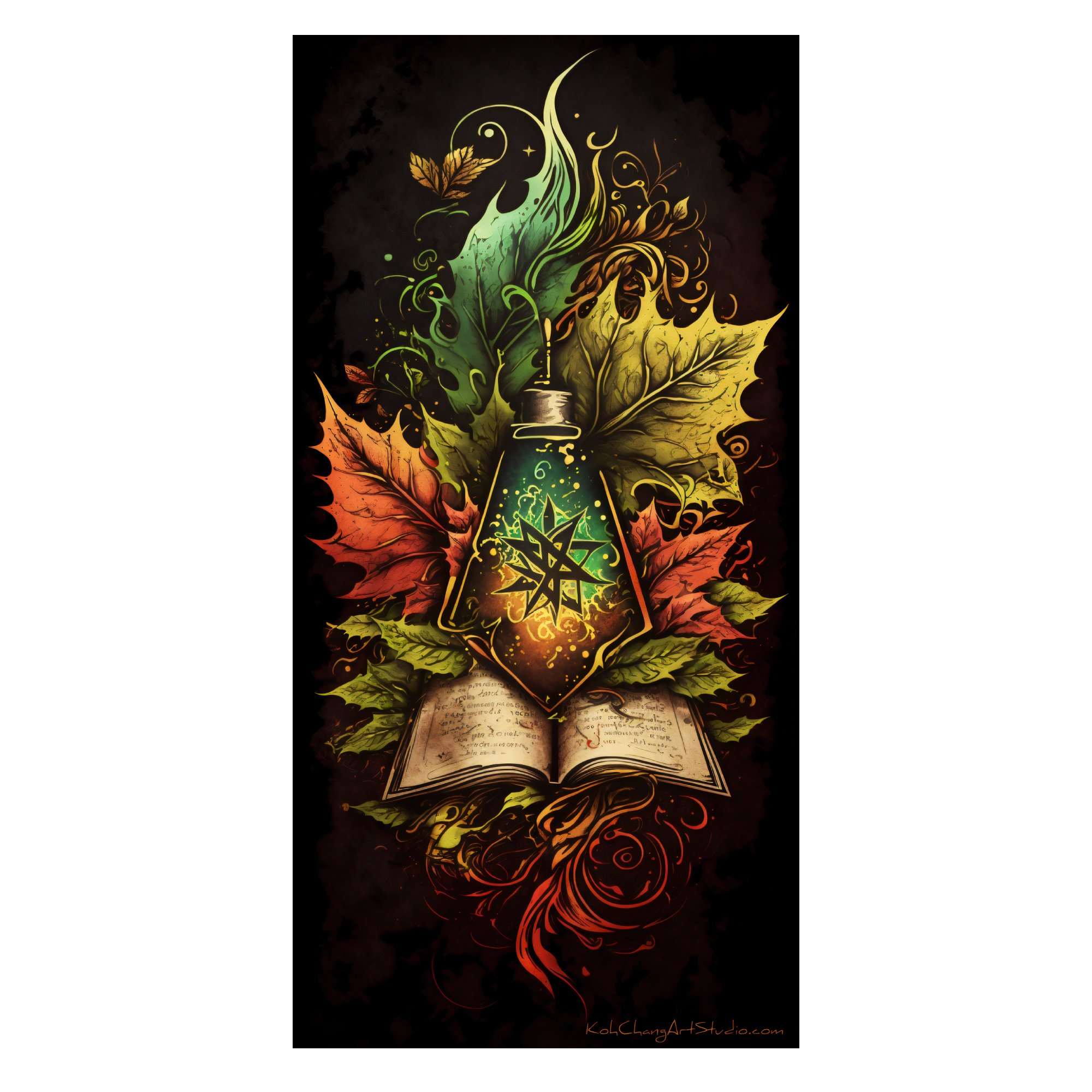 GRIMOIRE Artistic Image - A gleaming vessel wrapped in whispers, with leaves and petals suggesting an ancient elixir.