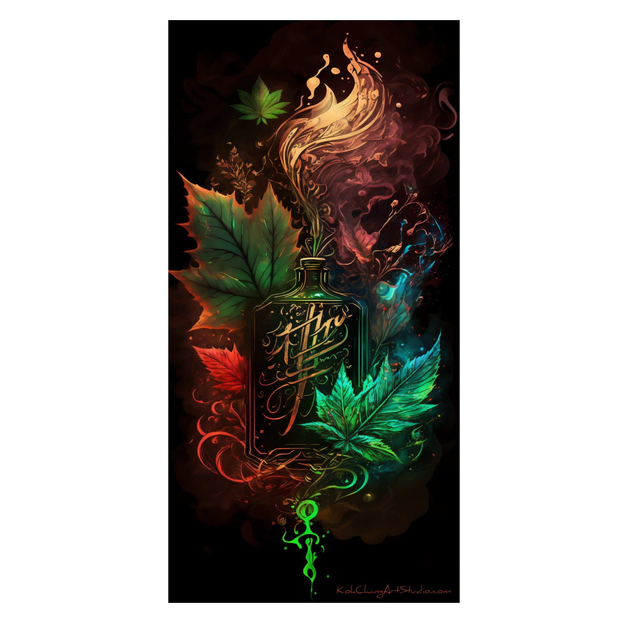 ELIXIR Artistic Depiction - An emerald guardian intertwined with leaves and vines, symbolizing the magic of the sacred herb.