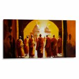 TEMPLE TRANSIT Canvas Art - Golden-robed monks on a spiritual journey, a serene addition to any space.