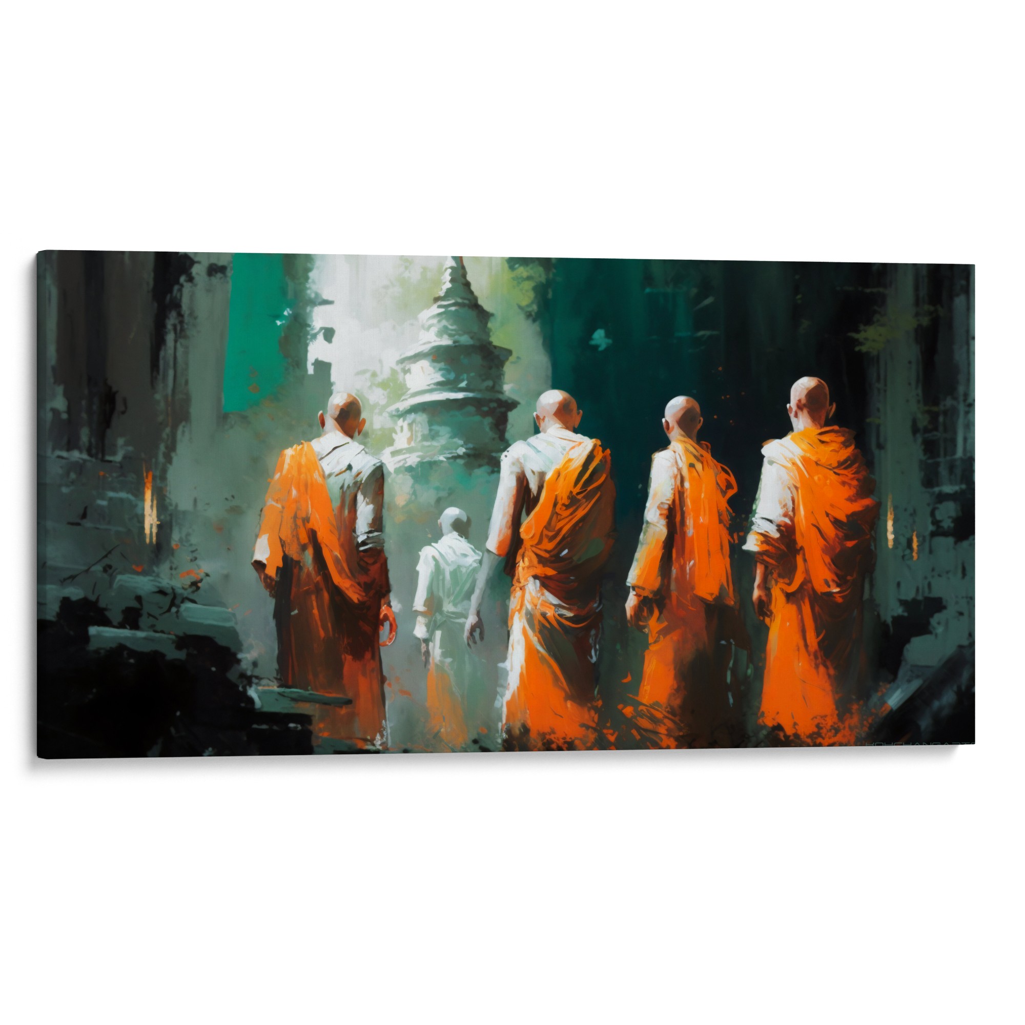 QUIET QUEST Canvas - Monks traversing an alley, a testament to allure and charm for art lovers.