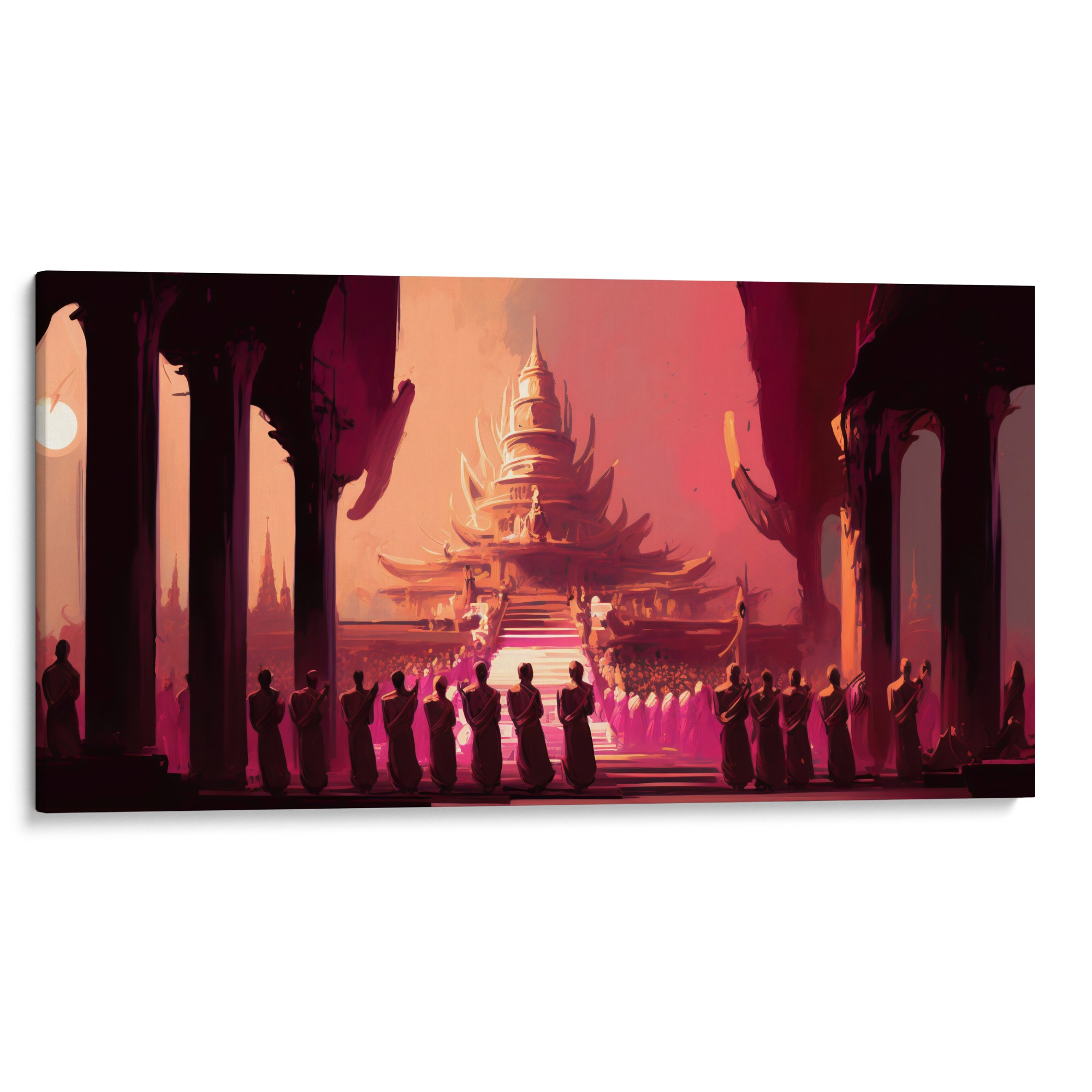 BUDDHA’S BRIDGE Art Canvas - Rows of monks by a grand staircase, a beacon of Thai tradition.