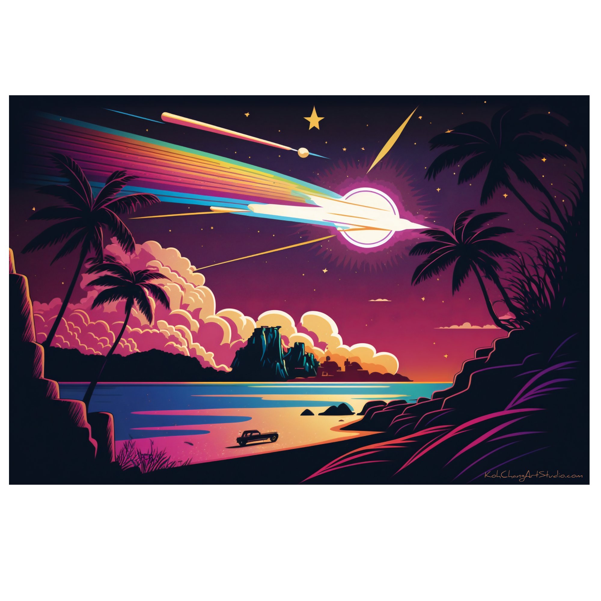STARLIT ESCAPE Design - Meteorite slicing the sky, weaving a tapestry of wonder on a tropical shore.