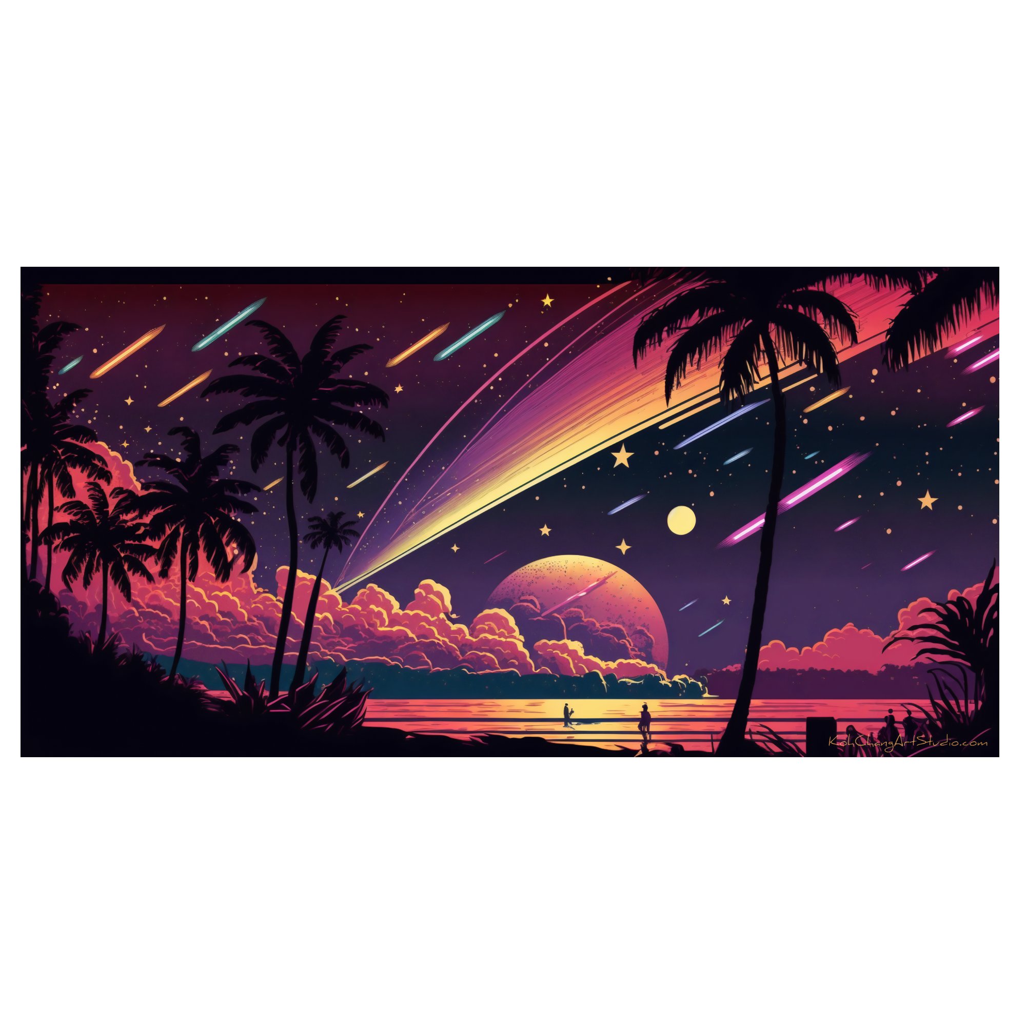UNREAL HORIZON Art Design - Glowing moon framed by massive clouds over a calm sea, dotted with shooting stars.