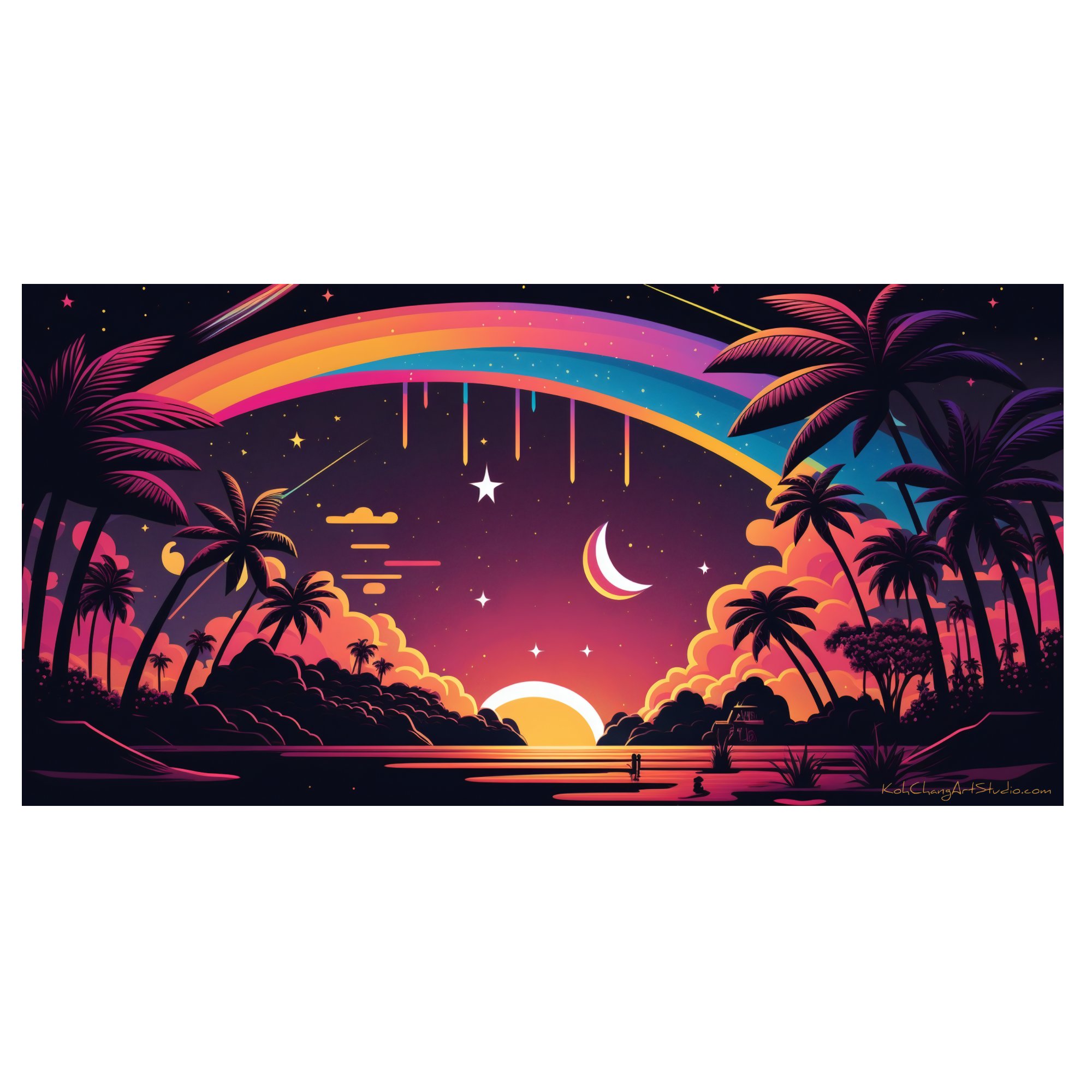 TROPIC STARSCAPE Artistic Depiction - Silhouetted trees, crescent Luna, and constellations with a melting rainbow overhead.