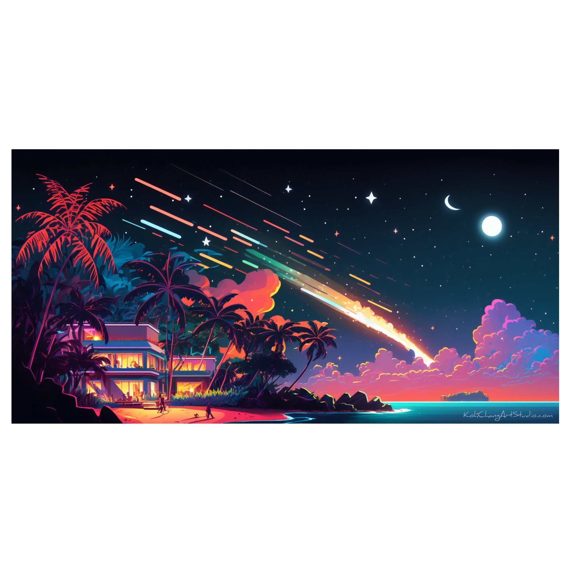 COSMIC POP-CORN Art Expression - Quiet shore under a starry night with a grand shooting star and distant moon.