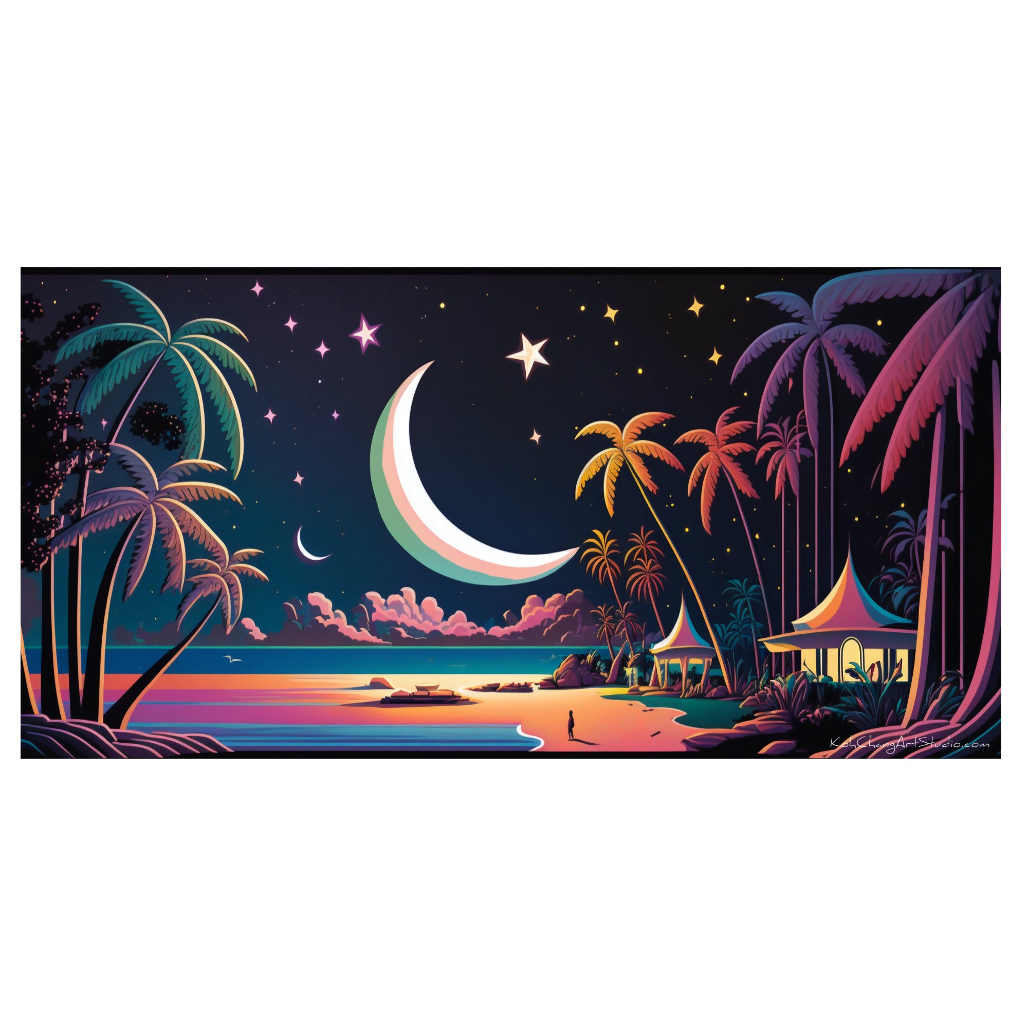 SKYWARD SERENADE Artistic Vision - Luminous sky with silhouettes of tropics and playful crescents.