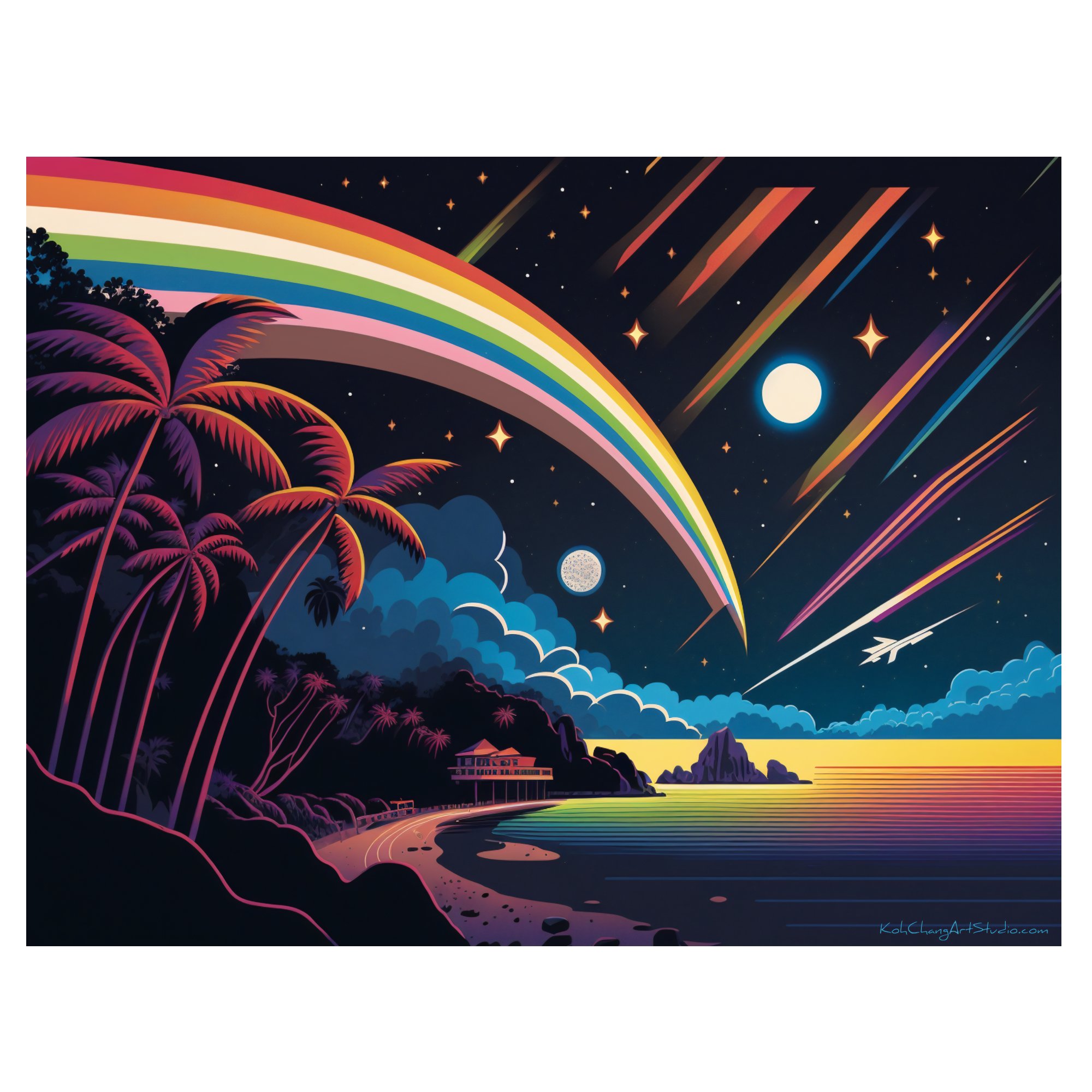 OASIS ORBIT Artistic Depiction - Nighttime rainbow bridging reality and dreams beneath twin moons.