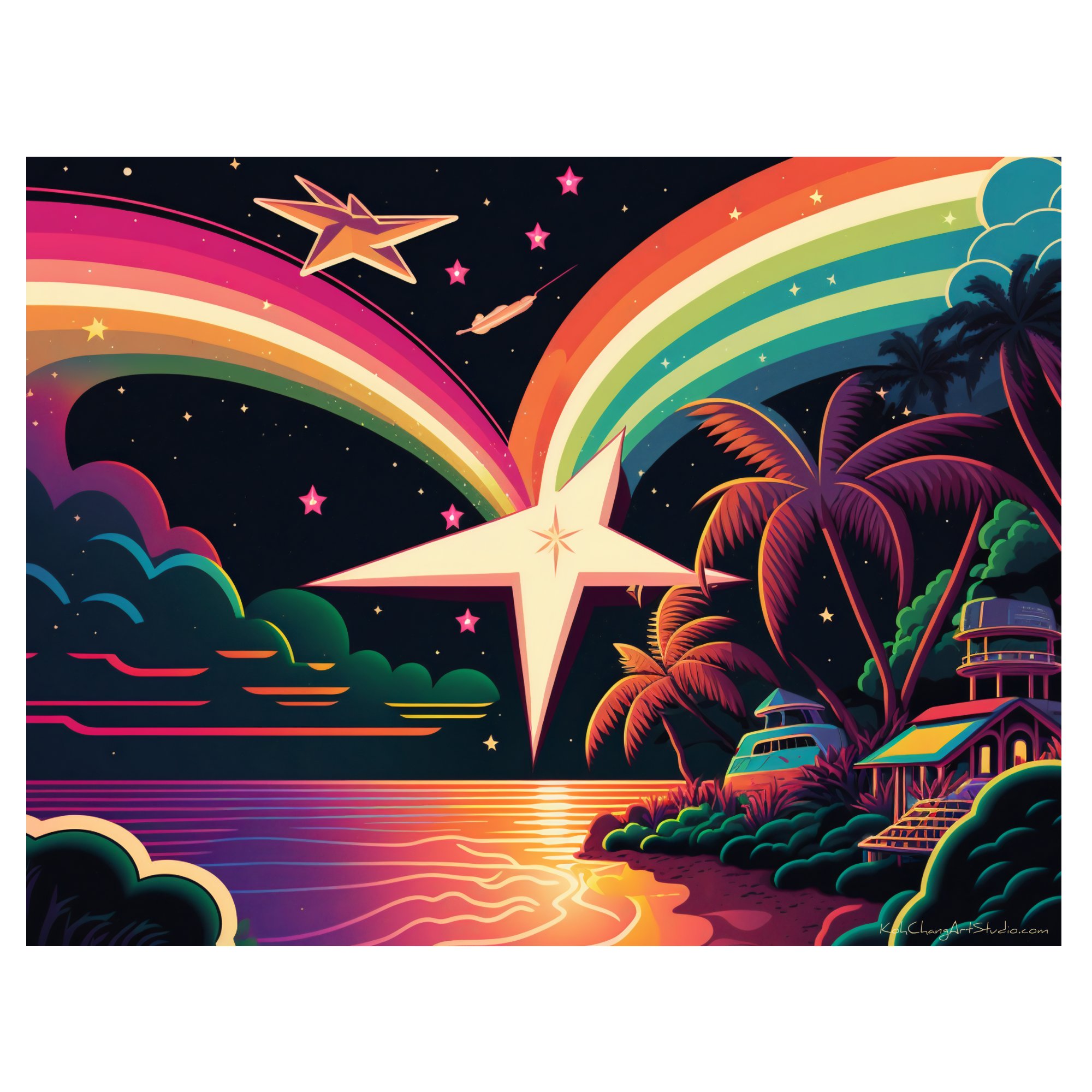 SKY BAZAAR Design - Giant star with twin rainbow trails over a placid sea, creating a celestial spectacle.