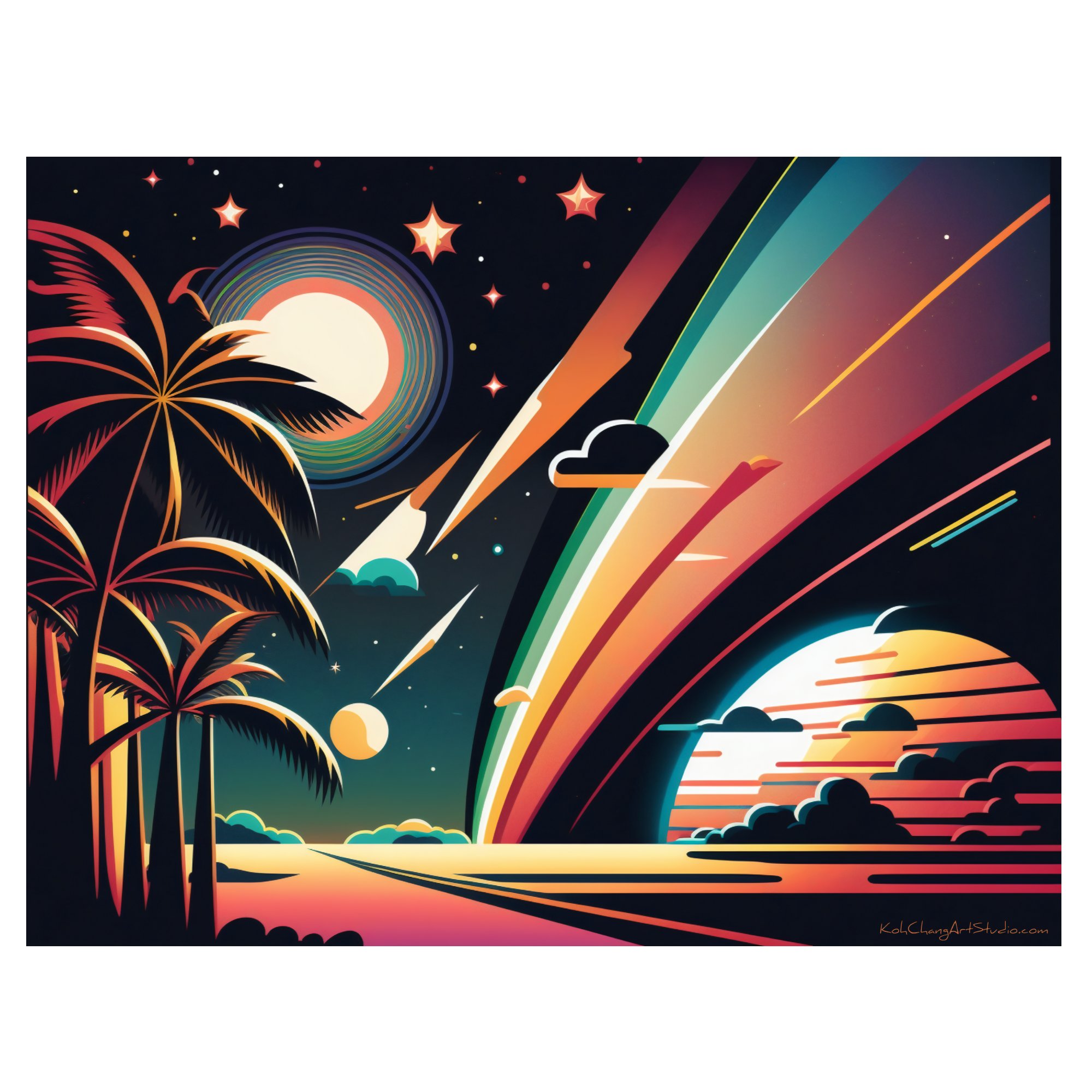MIDNIGHT MIRAGE Design - Radiant sunset, majestic full moon, and an enigmatic cosmic trail.