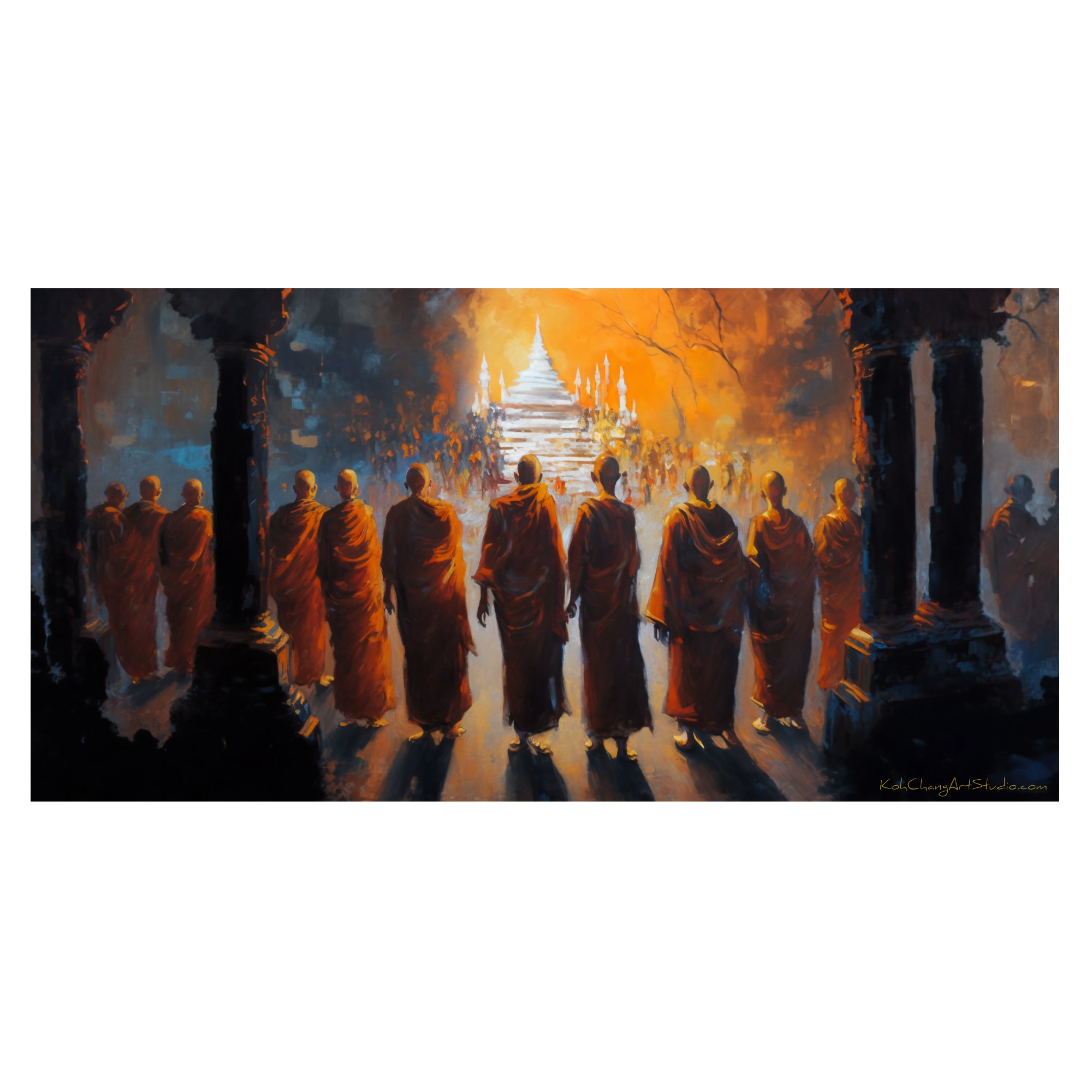 MEDITATION IN MOTION Image - Monks turned towards a beacon, reflecting commitment.