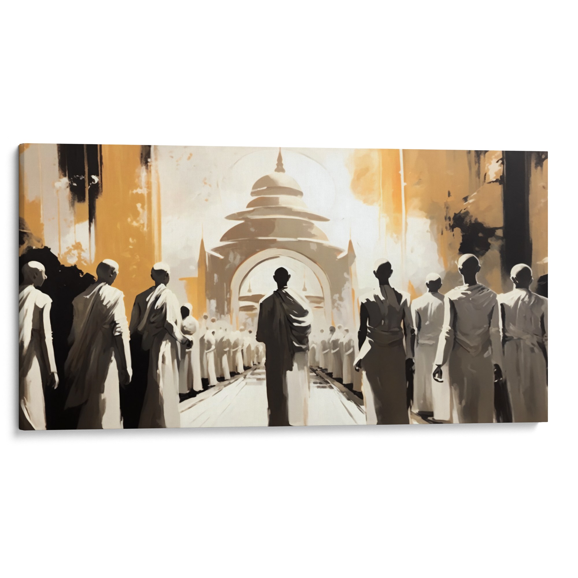 ZEN ZONE Canvas - Monks lining an avenue, a world where tradition and reflection intertwine.