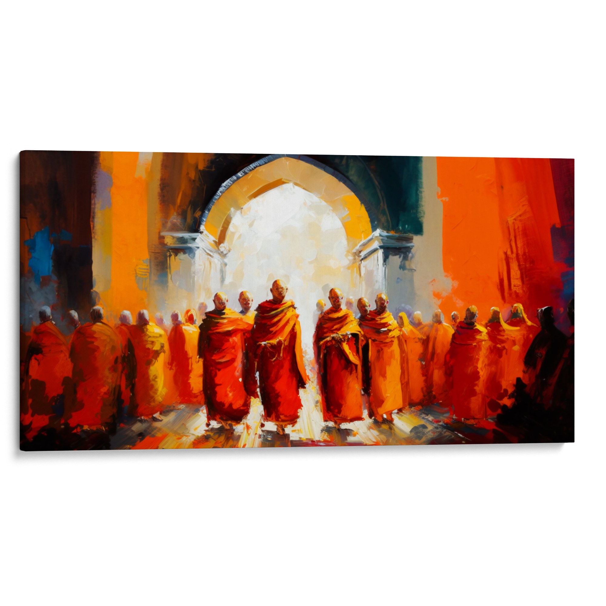 KARMA CROSSING Art Canvas - Group of monks approaching, a symbol of inner exploration and deep respect.