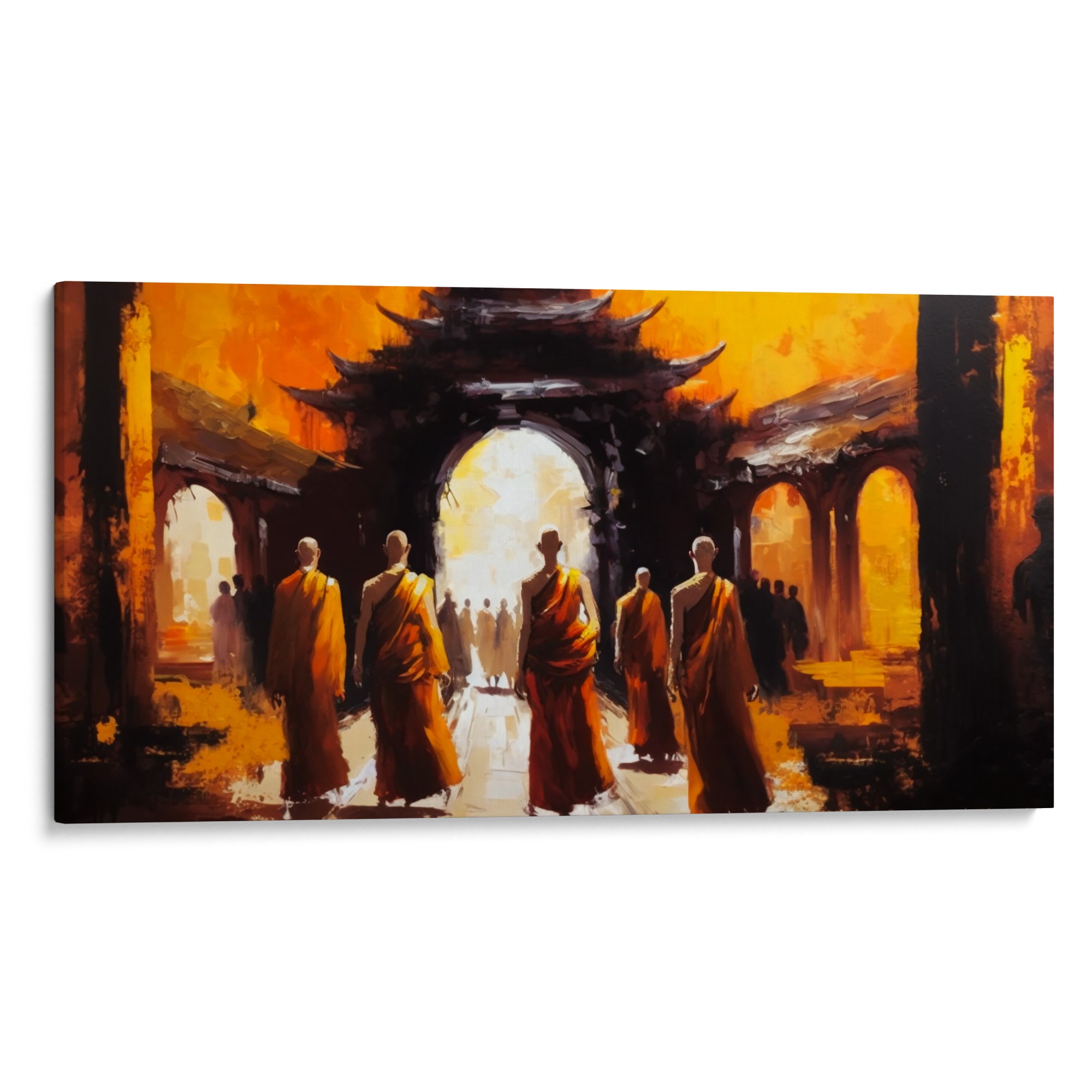 STEPS IN SERENITY Canvas - Monks advancing, hinting at a significant gathering, perfect for spiritual enthusiasts.