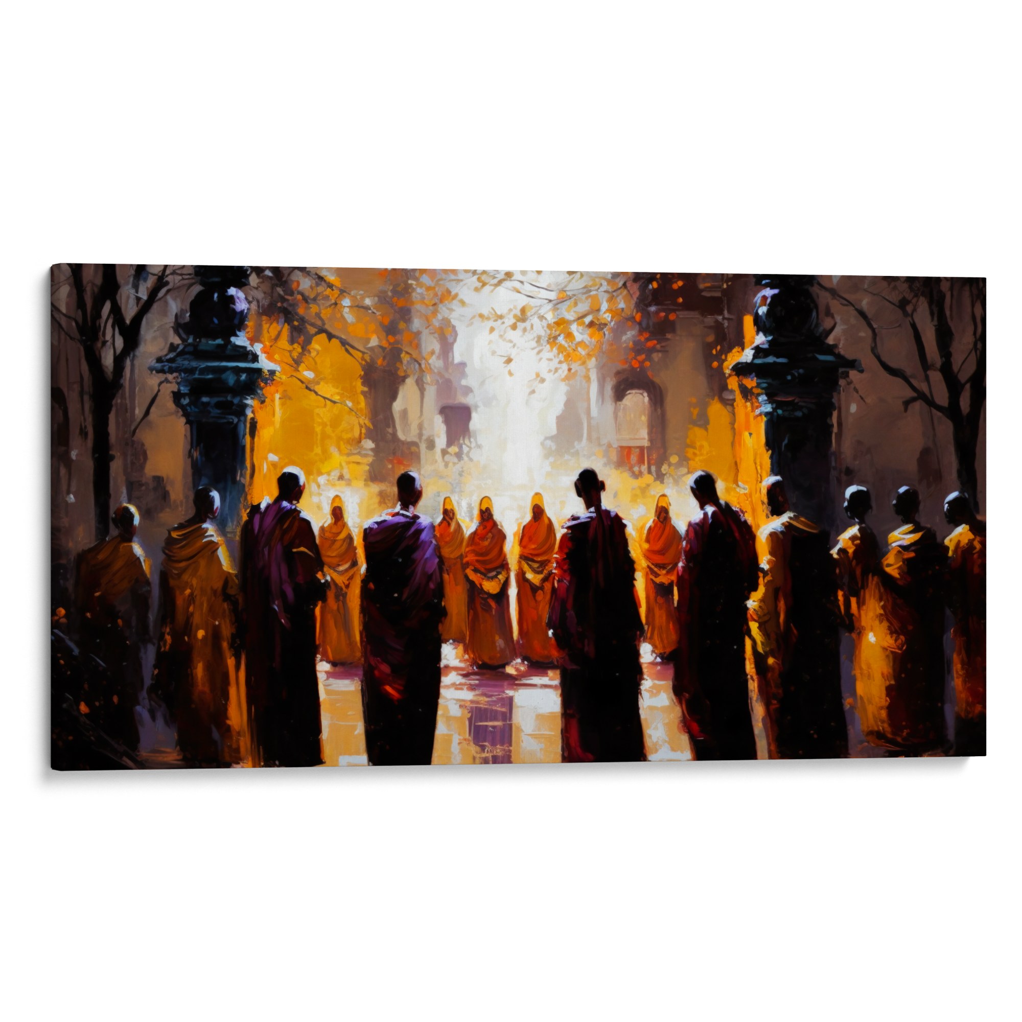 CHANTS AND CHAKRAS Canvas - Group of monks approaching, a dance of silent words for art enthusiasts.